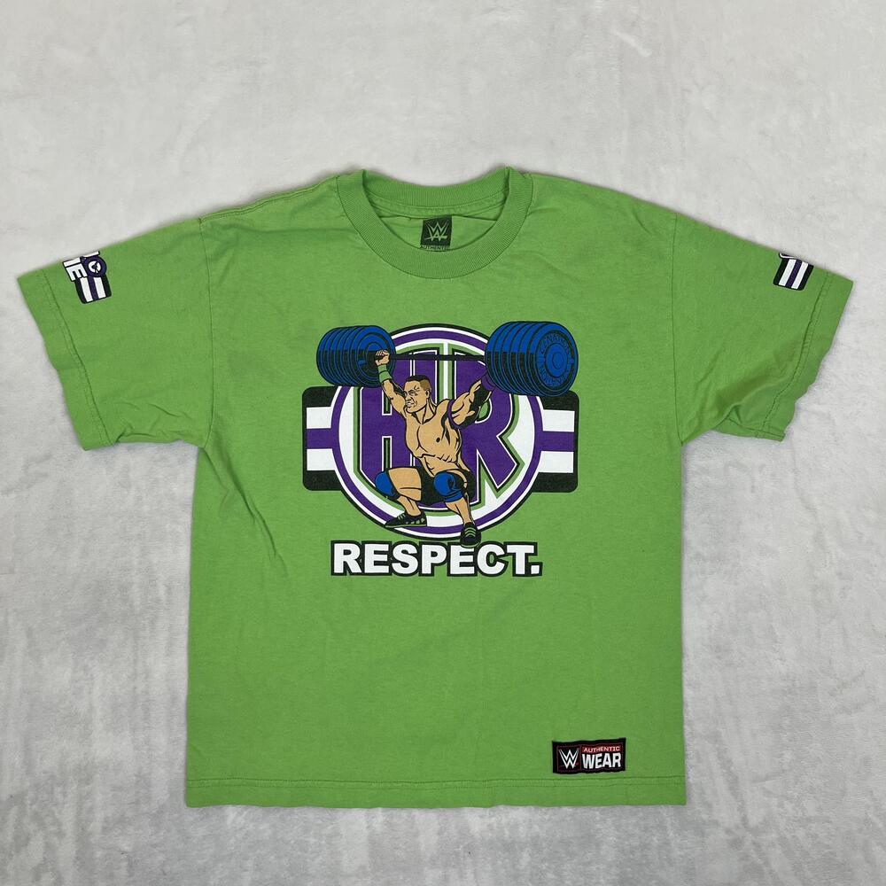 Vintage WWE John Cena T-Shirt Youth Medium Green "Respect Never Give Up" Y2K